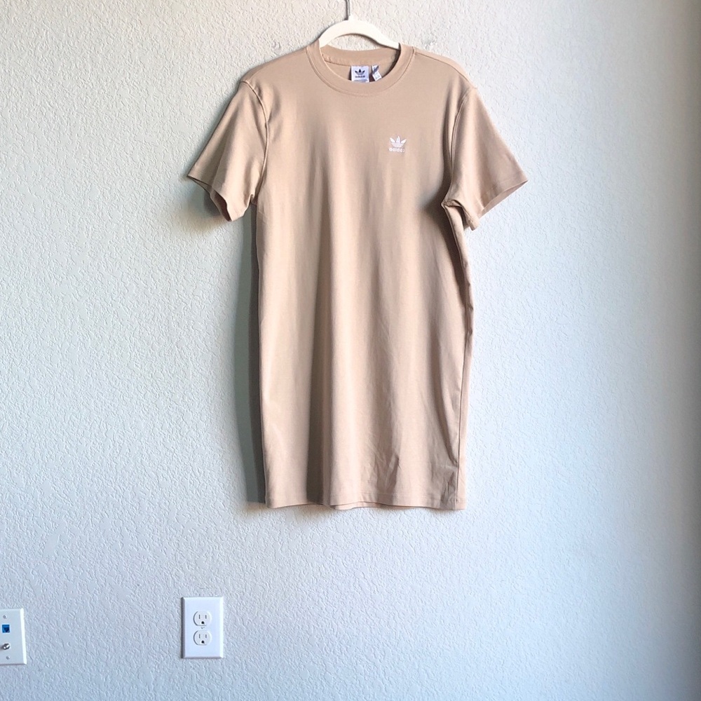 Adidas T Shirt Dress Tan Beige Short Sleeve Cotton Oversized Loose
